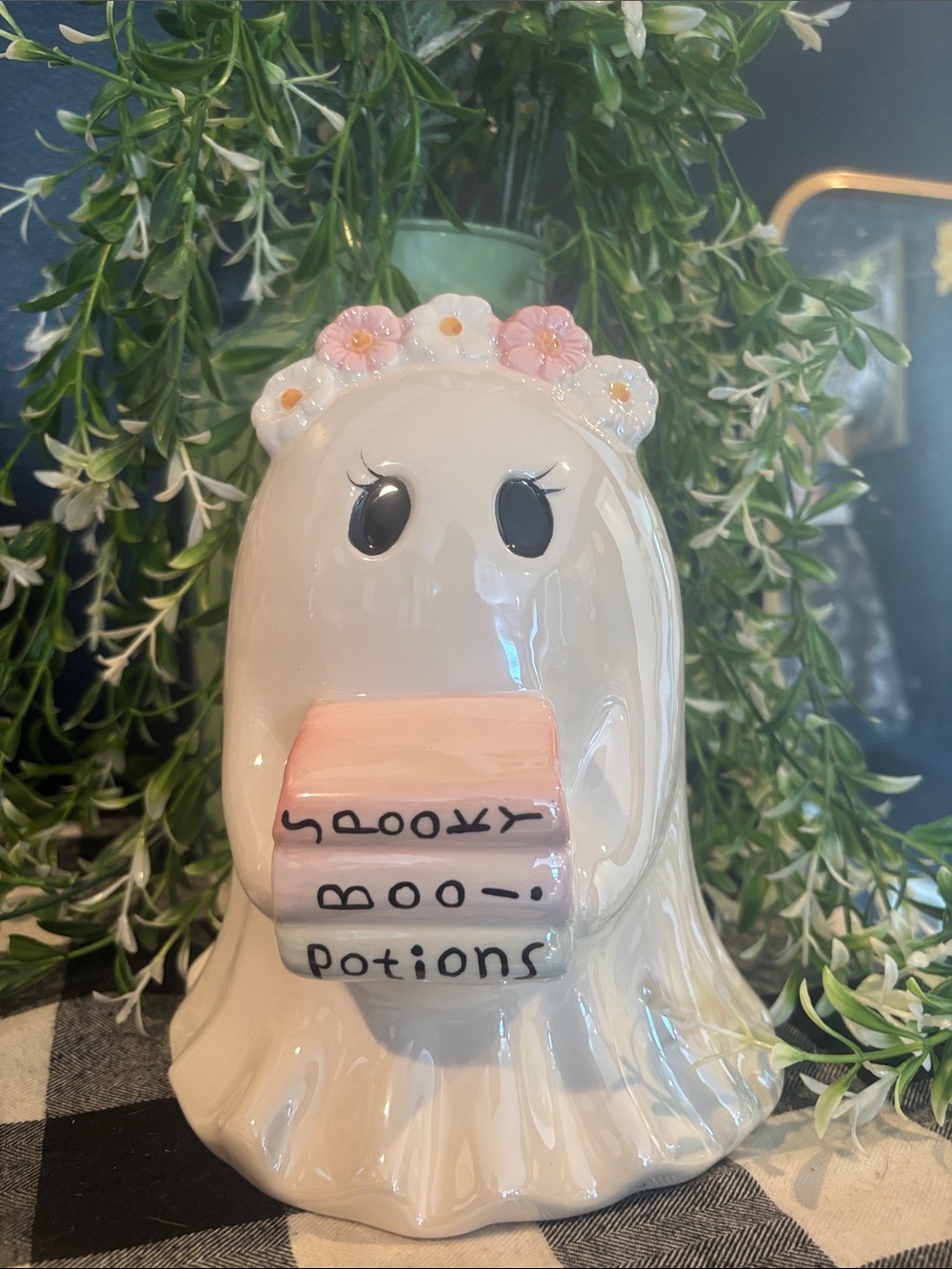 Ceramic Ghost Figurine with Pink Flower Crown and Books - Home Accents